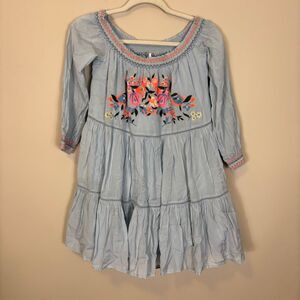 Free People Light Blue Embroidered Pink & Orange Floral Off Shoulder Dress Small